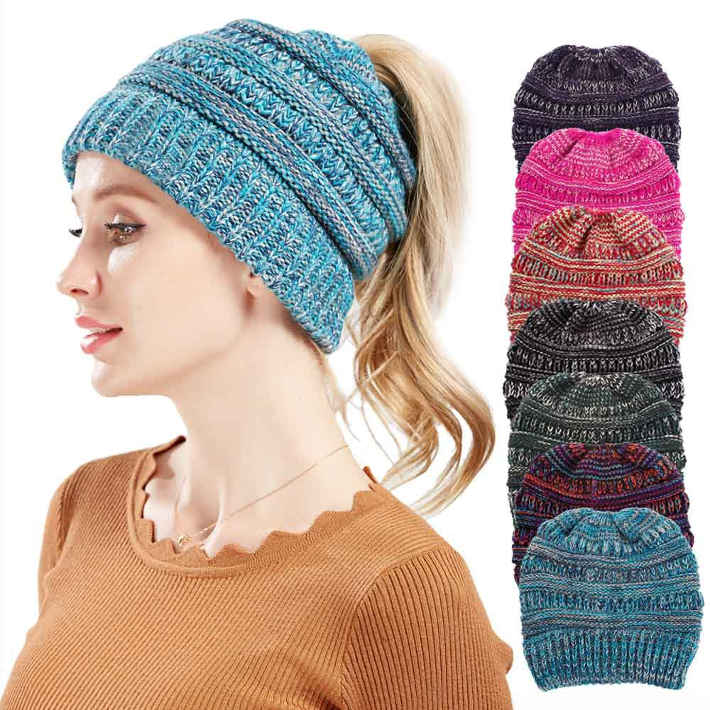 Wholesale Mixed Color Knitted Acrylic Beanie Women's Ponytail Hat